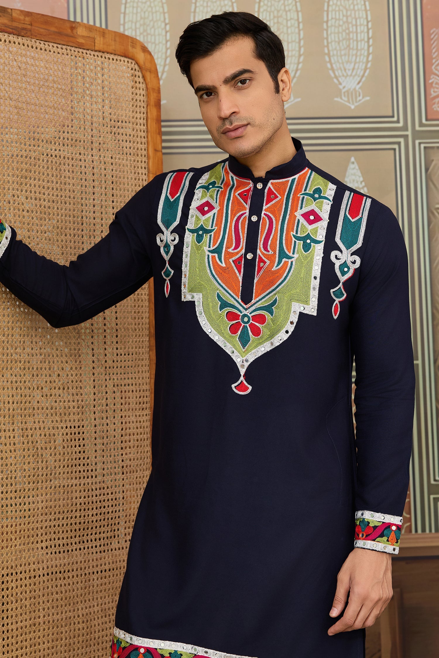 Navy Blue Cotton Silk Mirror Worked Kurta
