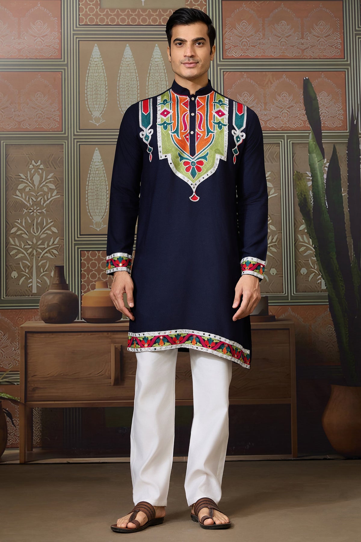 Navy Blue Cotton Silk Mirror Worked Kurta