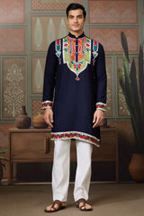 Navy Blue Cotton Silk Mirror Worked Kurta