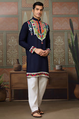 Navy Blue Cotton Silk Mirror Worked Kurta