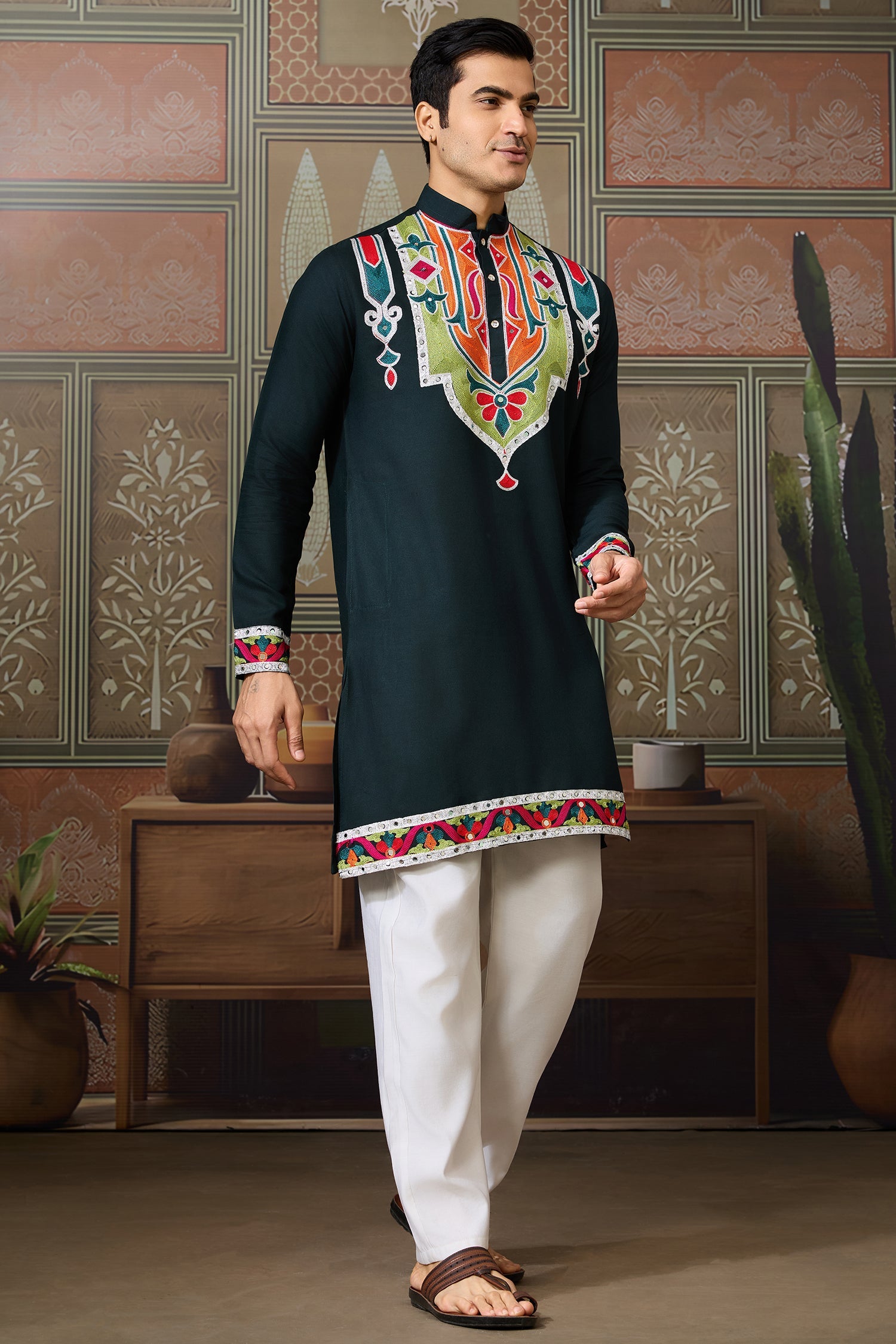 Green Cotton Silk Mirror Worked Kurta
