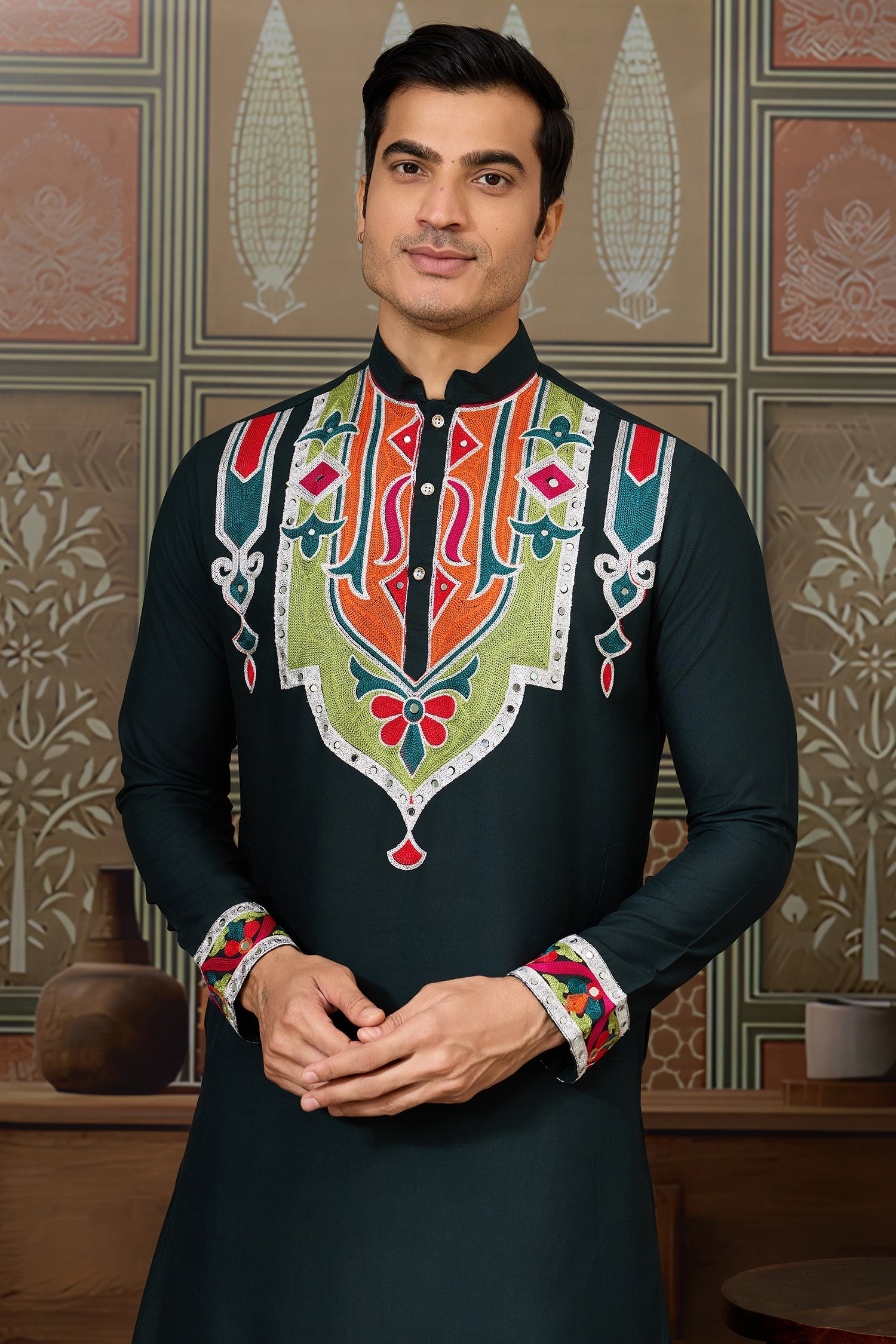 Green Cotton Silk Mirror Worked Kurta