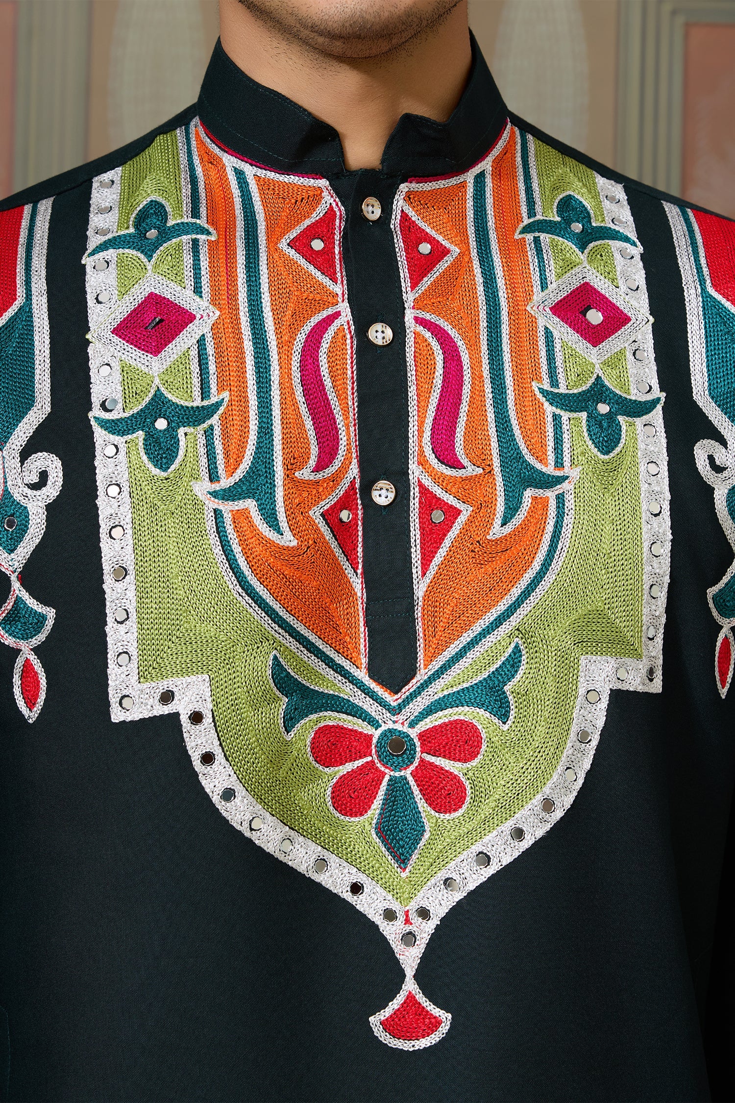 Green Cotton Silk Mirror Worked Kurta