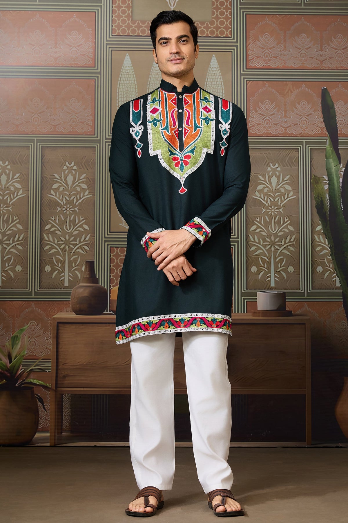 Green Cotton Silk Mirror Worked Kurta