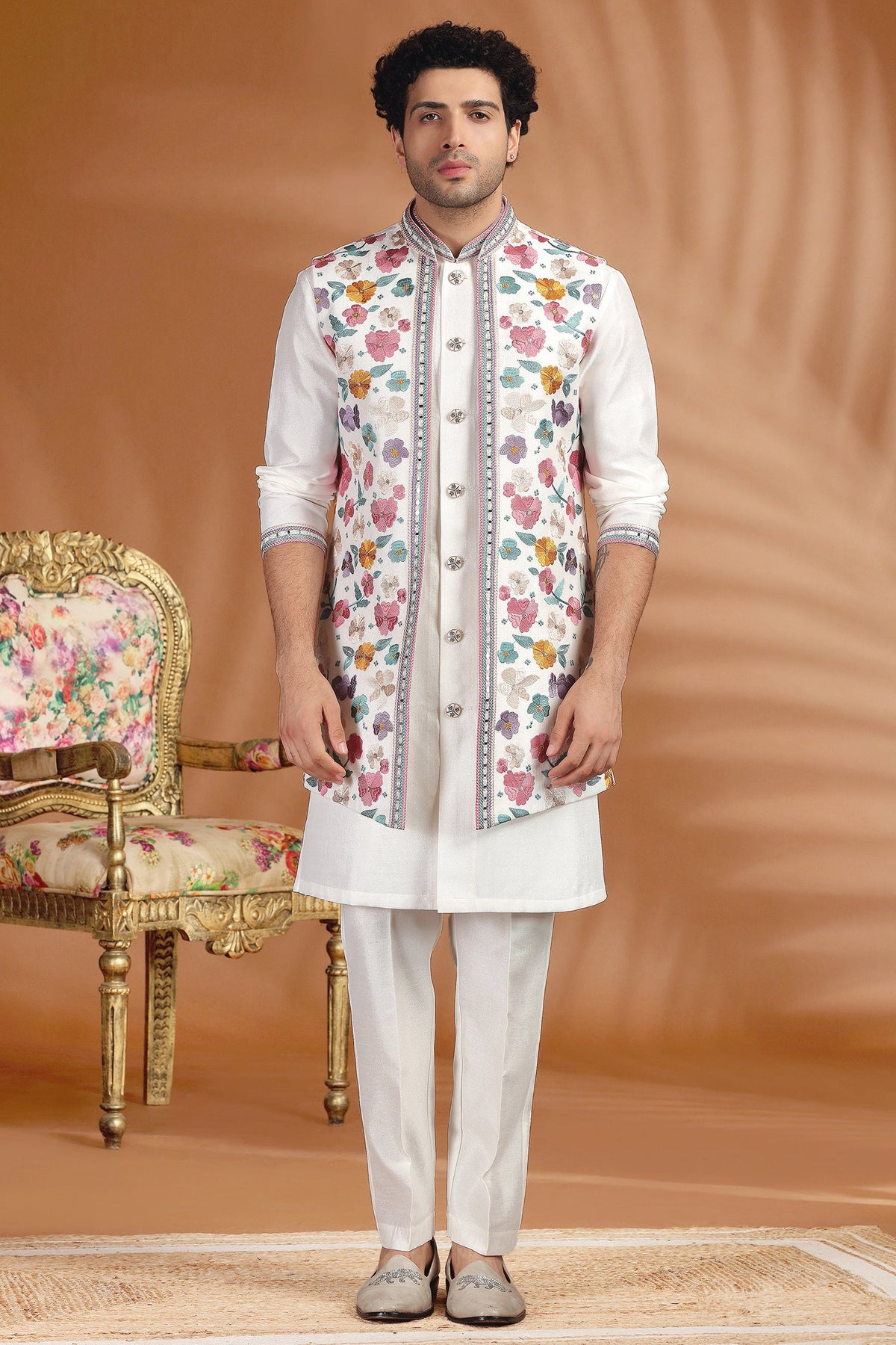 Pearl White Silk Floral Embroidered Jacket Kurta Set