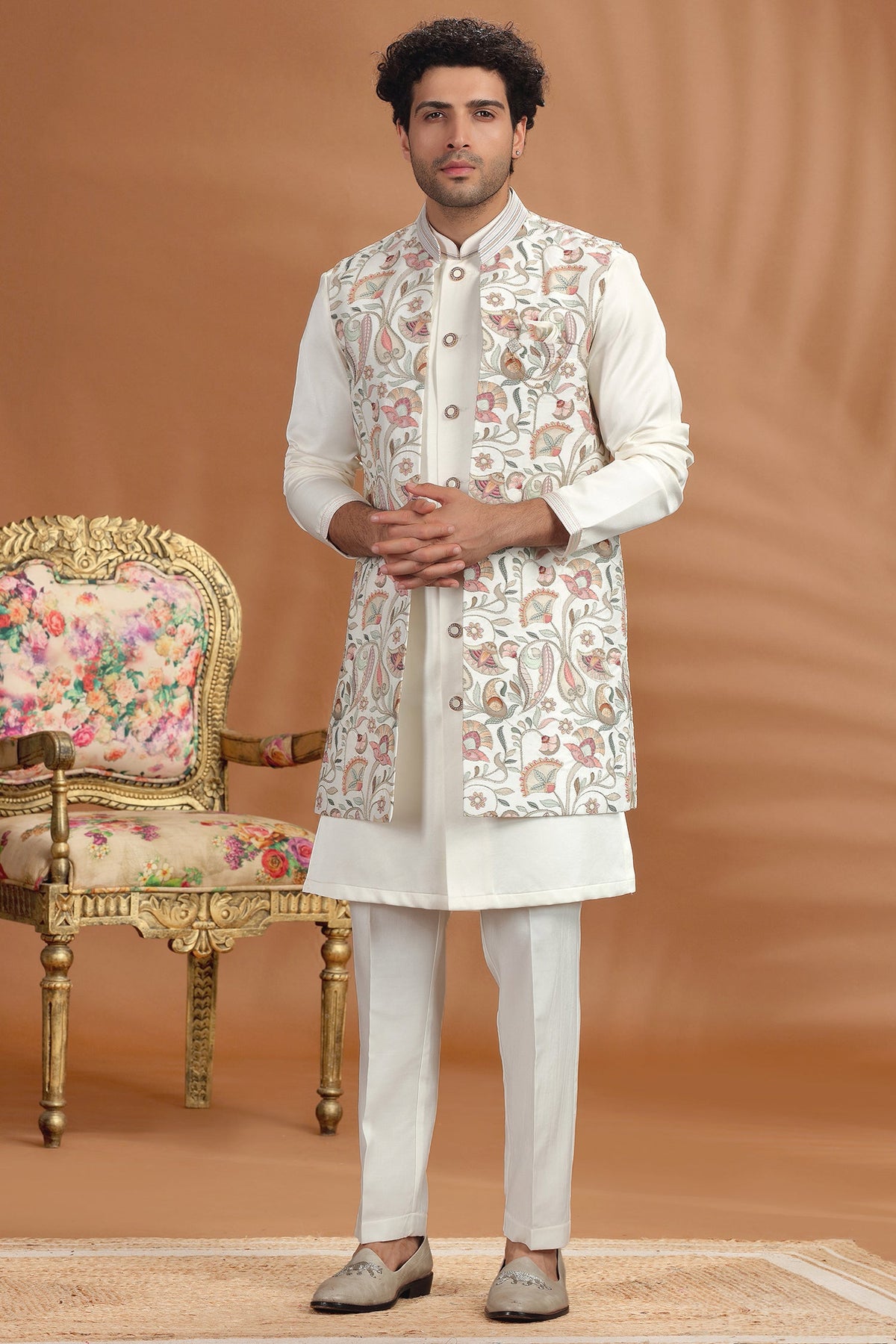 Pearl White Silk Printed Jacket Kurta Set