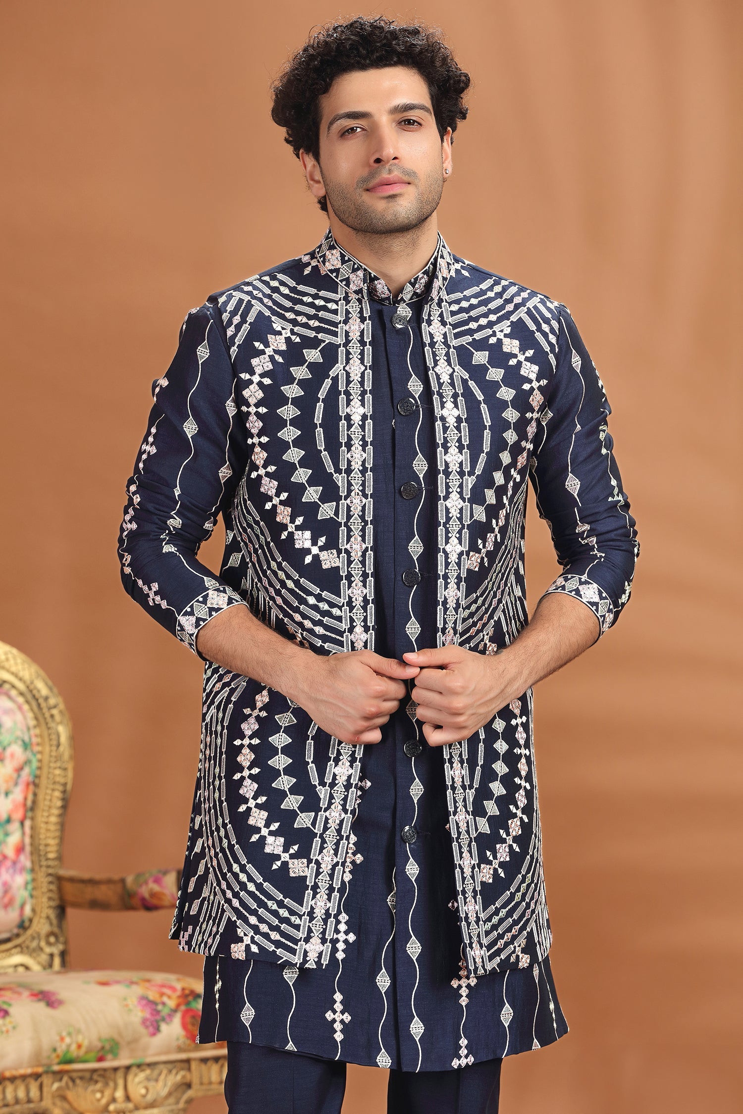 Blue Silk Embroidered Jacket Kurta Set