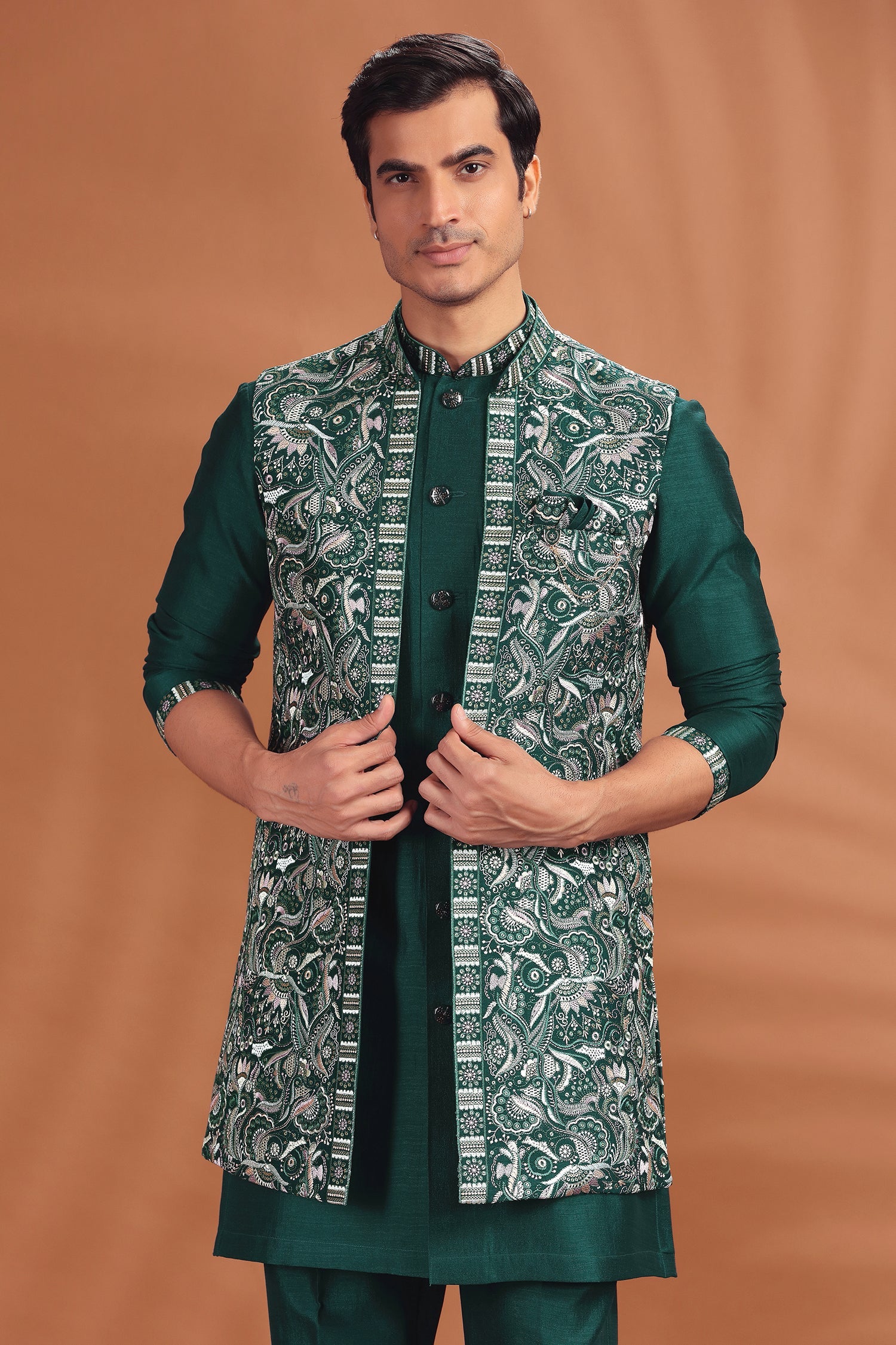Bottle Green Silk Embroidered Kurta Pajama with Jacket