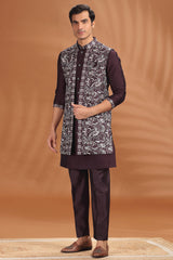 Wine Purple Silk Embroidered Kurta Pajama with Jacket