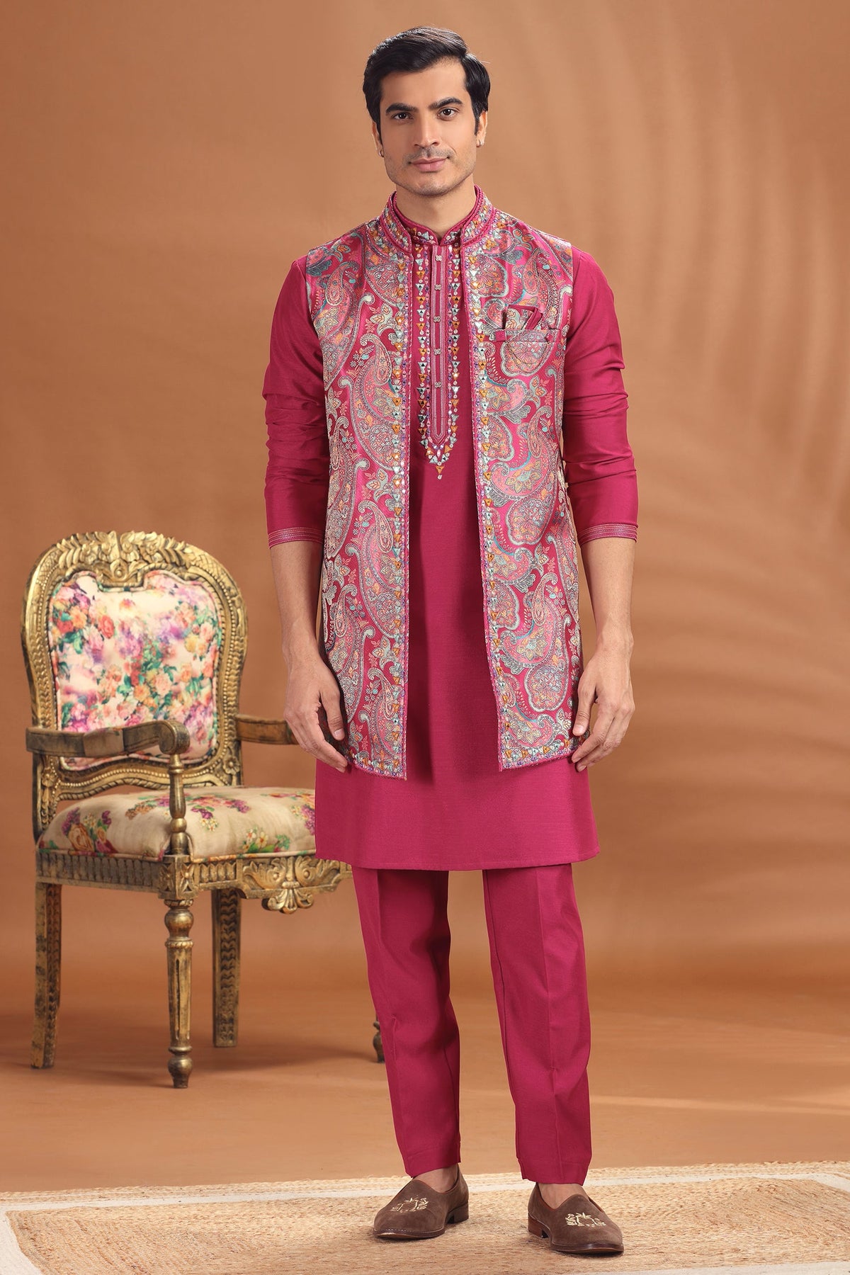Rani Pink Silk Mirror Embroidered Kurta Pajama with Paisley Print Jacket