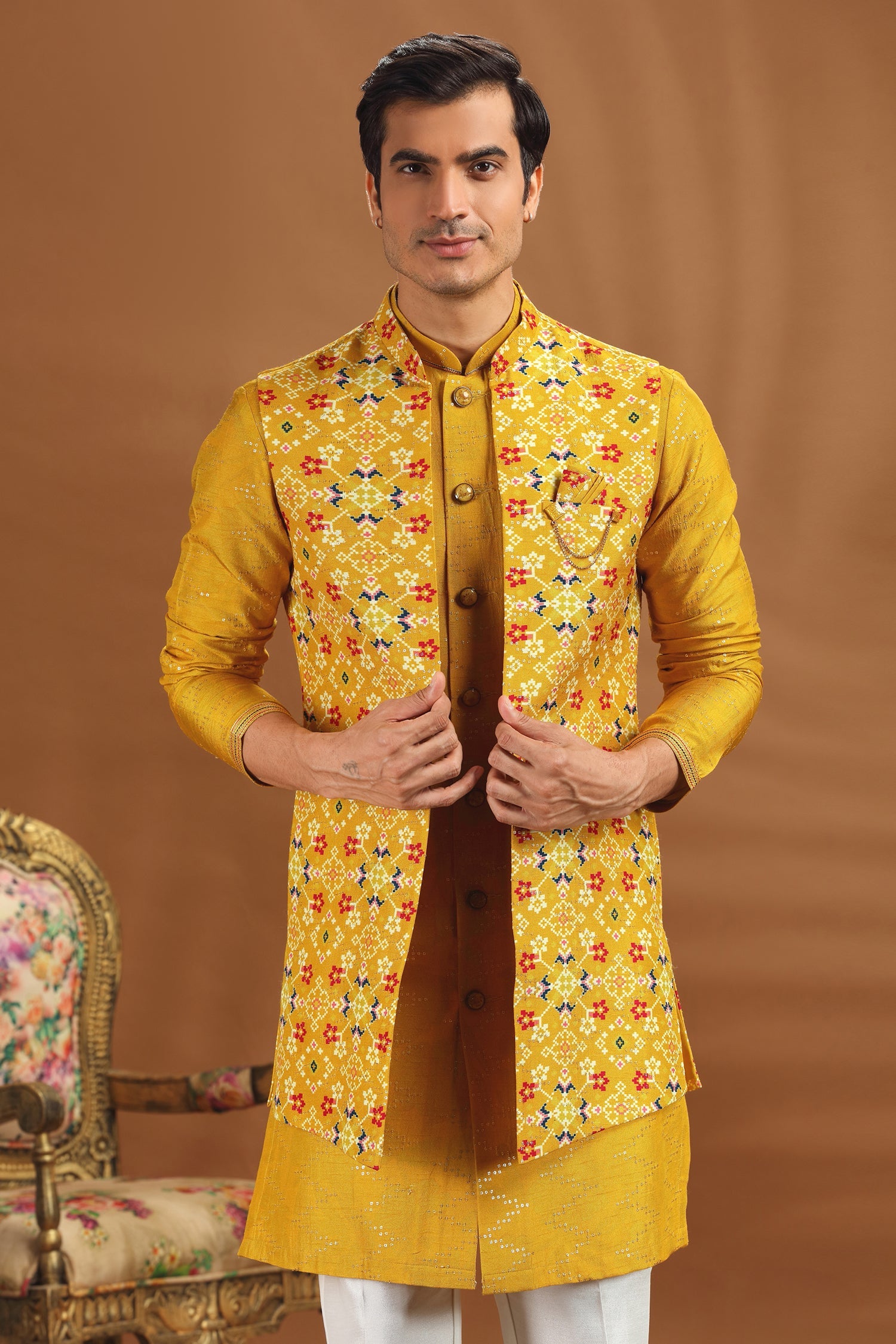 Yellow Silk Patola Printed Jacket Kurta Set
