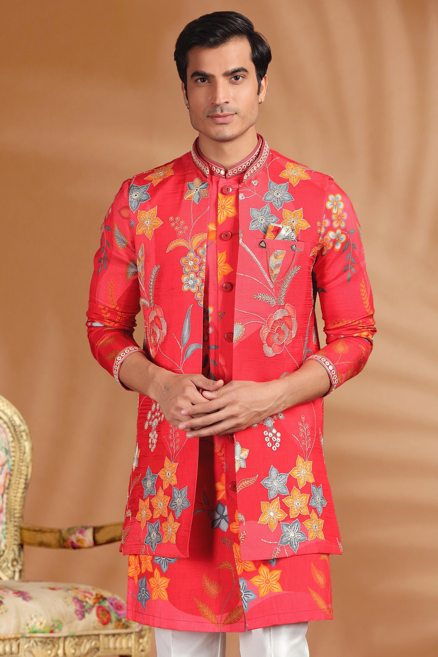 Red Silk Floral Printed Jacket Kurta Set