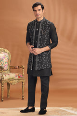 Black Silk Embroidery and Mirror Worked Jacket Kurta Set