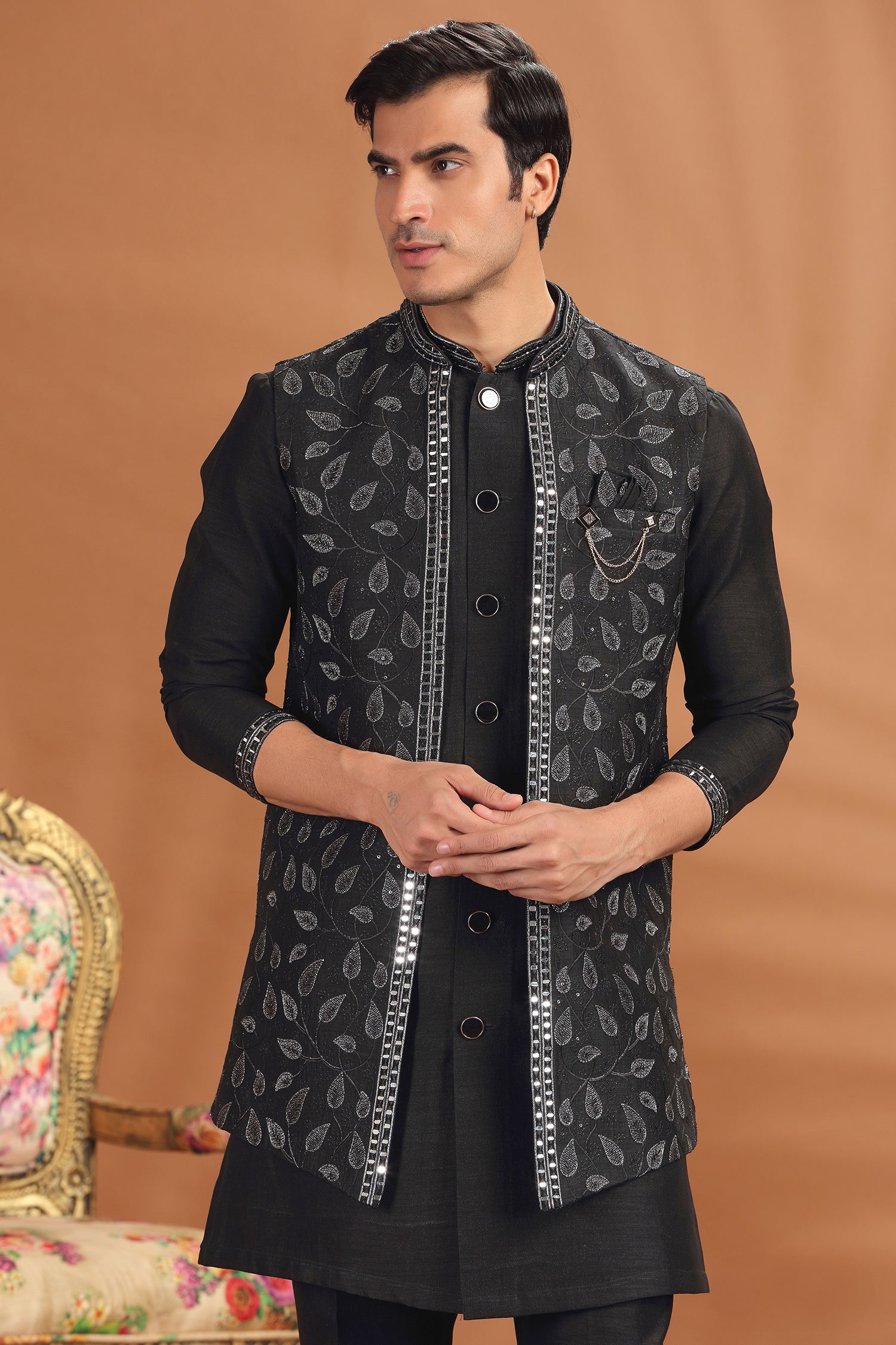Black Silk Embroidery and Mirror Worked Jacket Kurta Set