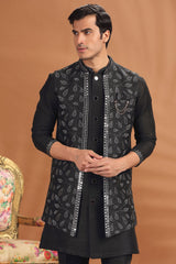 Black Silk Embroidery and Mirror Worked Jacket Kurta Set