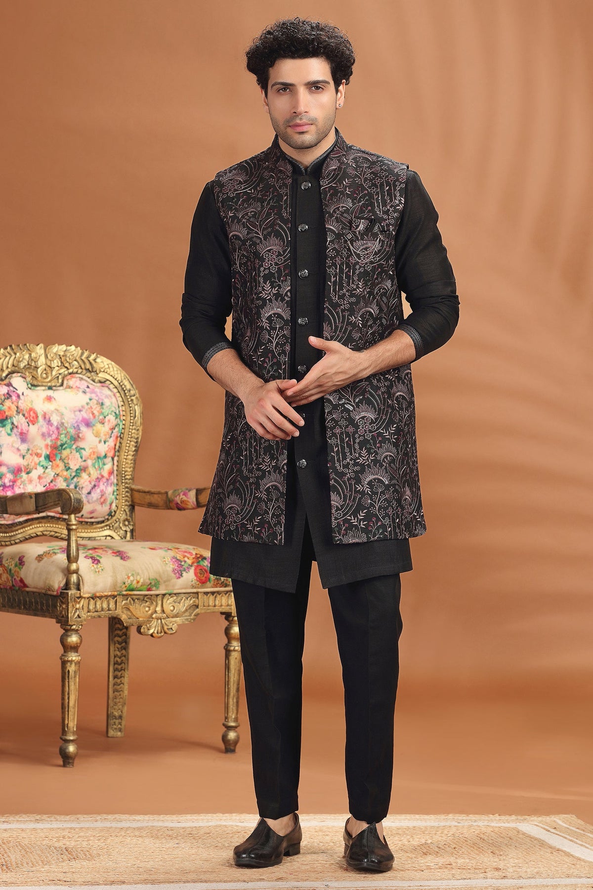 Black Silk Embroidery and Sequin Worked Jacket Kurta Set