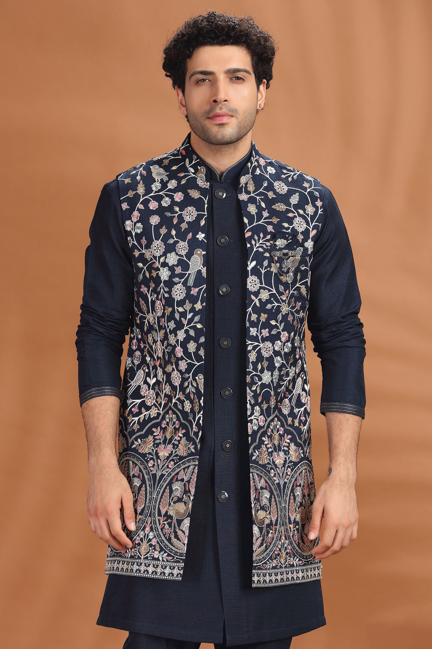 Navy Blue Silk Floral Embroidered Jacket Kurta Set