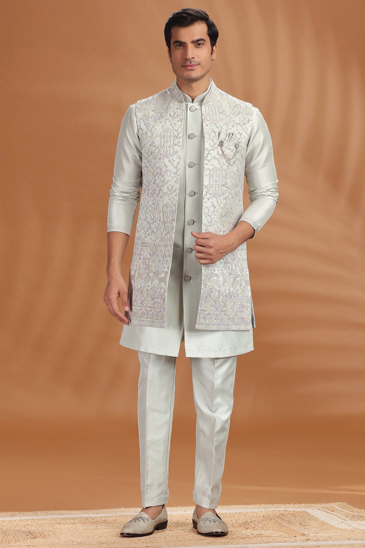 Light Pista Green Silk Embroidered Jacket Kurta Set