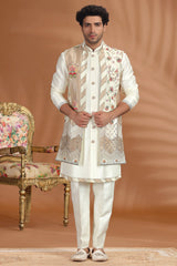 Pearl White Silk Floral Printed and Sequin Worked Jacket Indo Western Set
