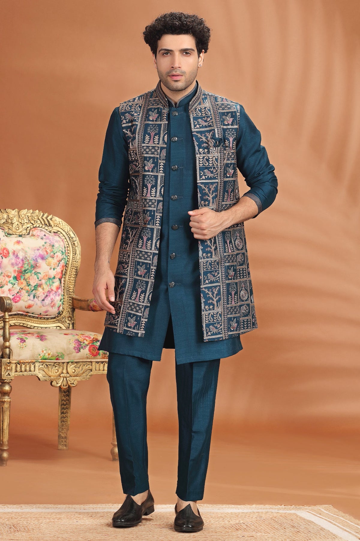 Prussian Blue Silk Embroidered Indo Western Jacket Set