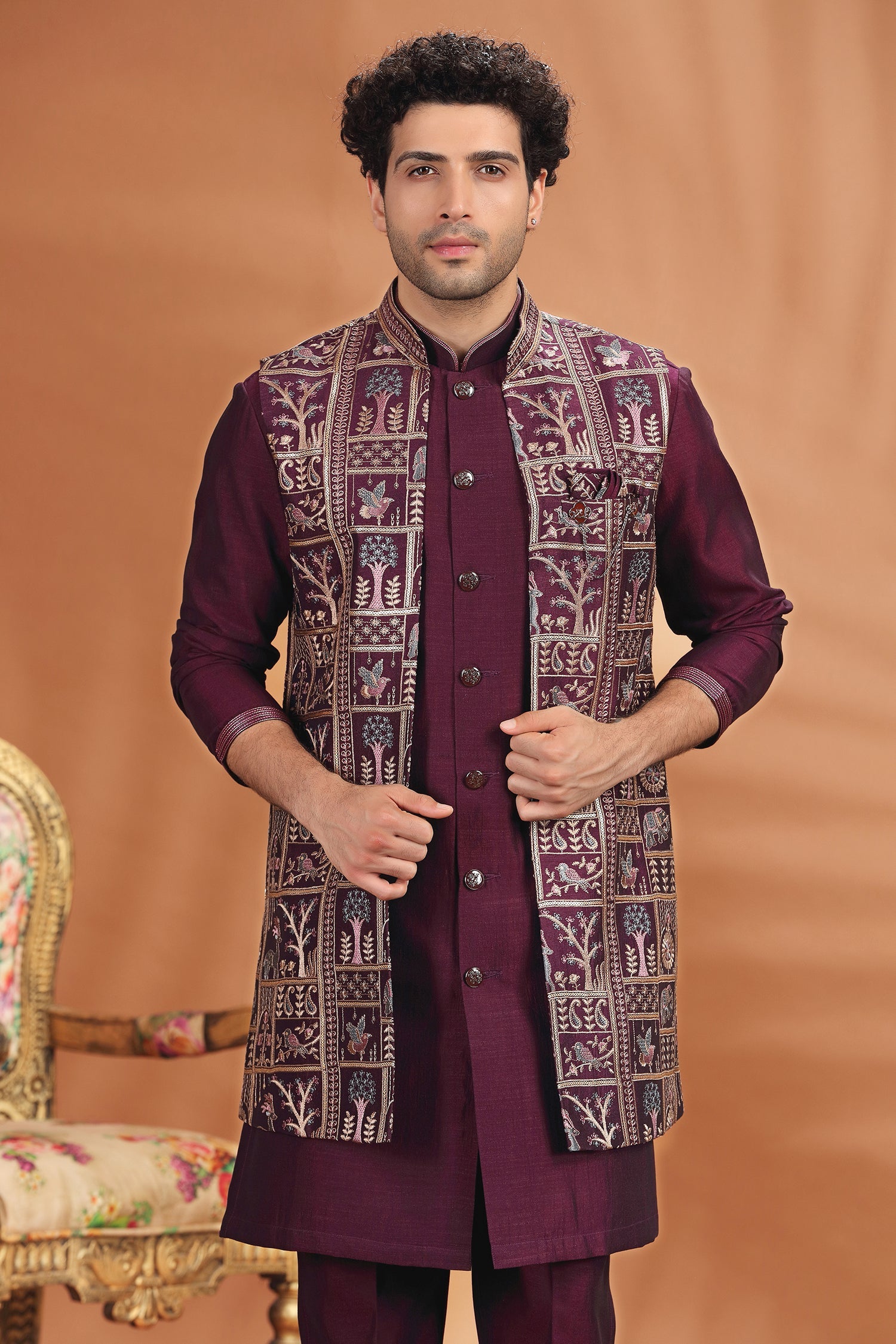 Wine Purple Silk Embroidered Indo Western Jacket Set