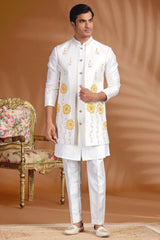 Pearl White Silk Floral Printed and Mirror Worked Jacket Kurta Set