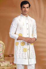Pearl White Silk Floral Printed and Mirror Worked Jacket Kurta Set
