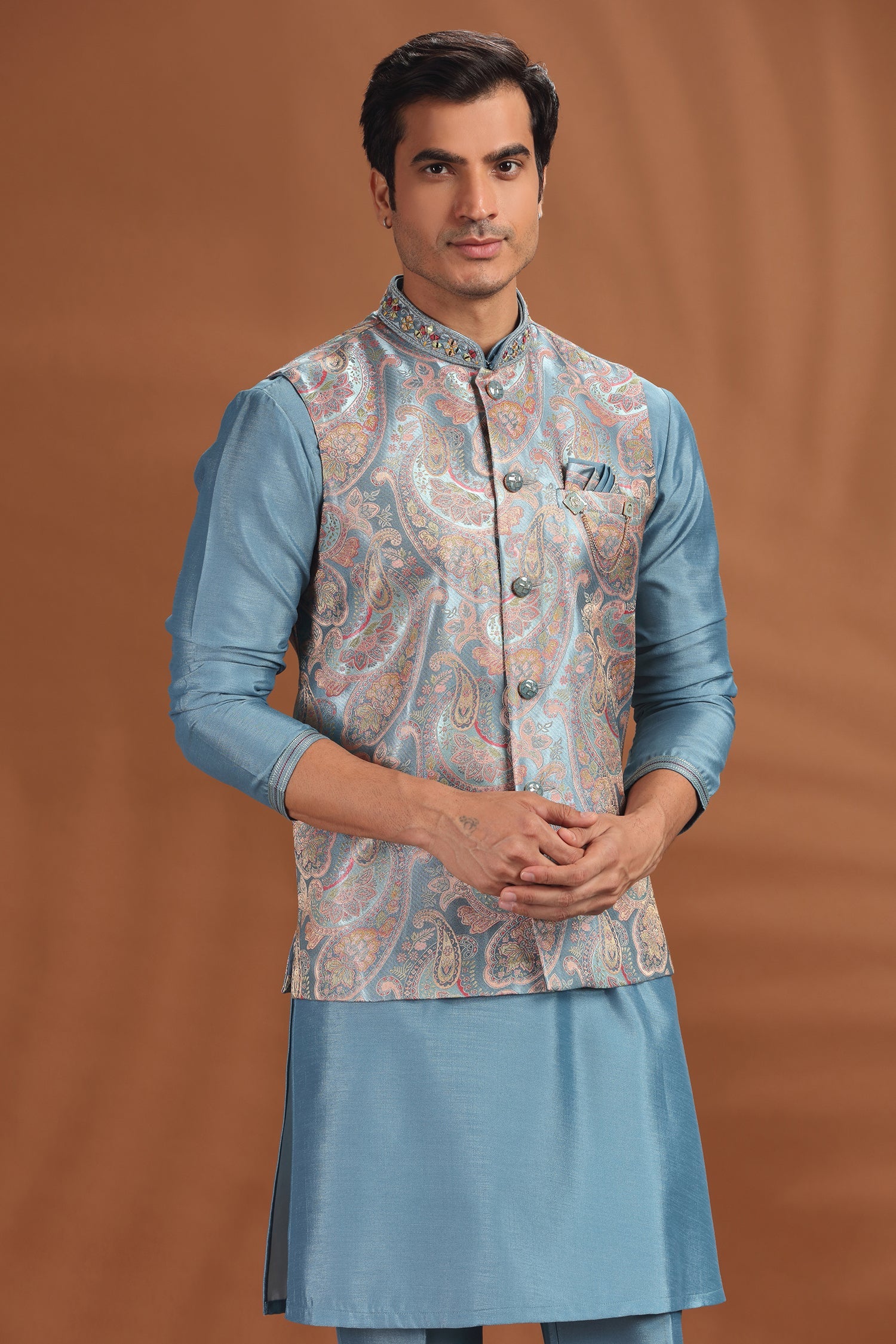 Aqua Blue Silk Kurta Pajama with Printed Jacket