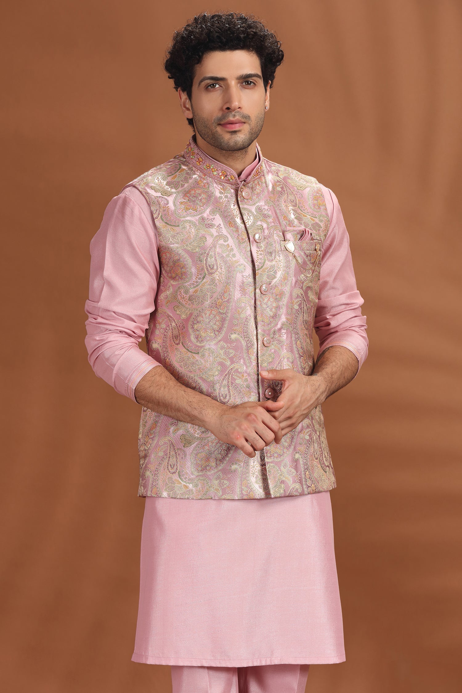 Pink Silk Kurta Pajama with Printed Jacket