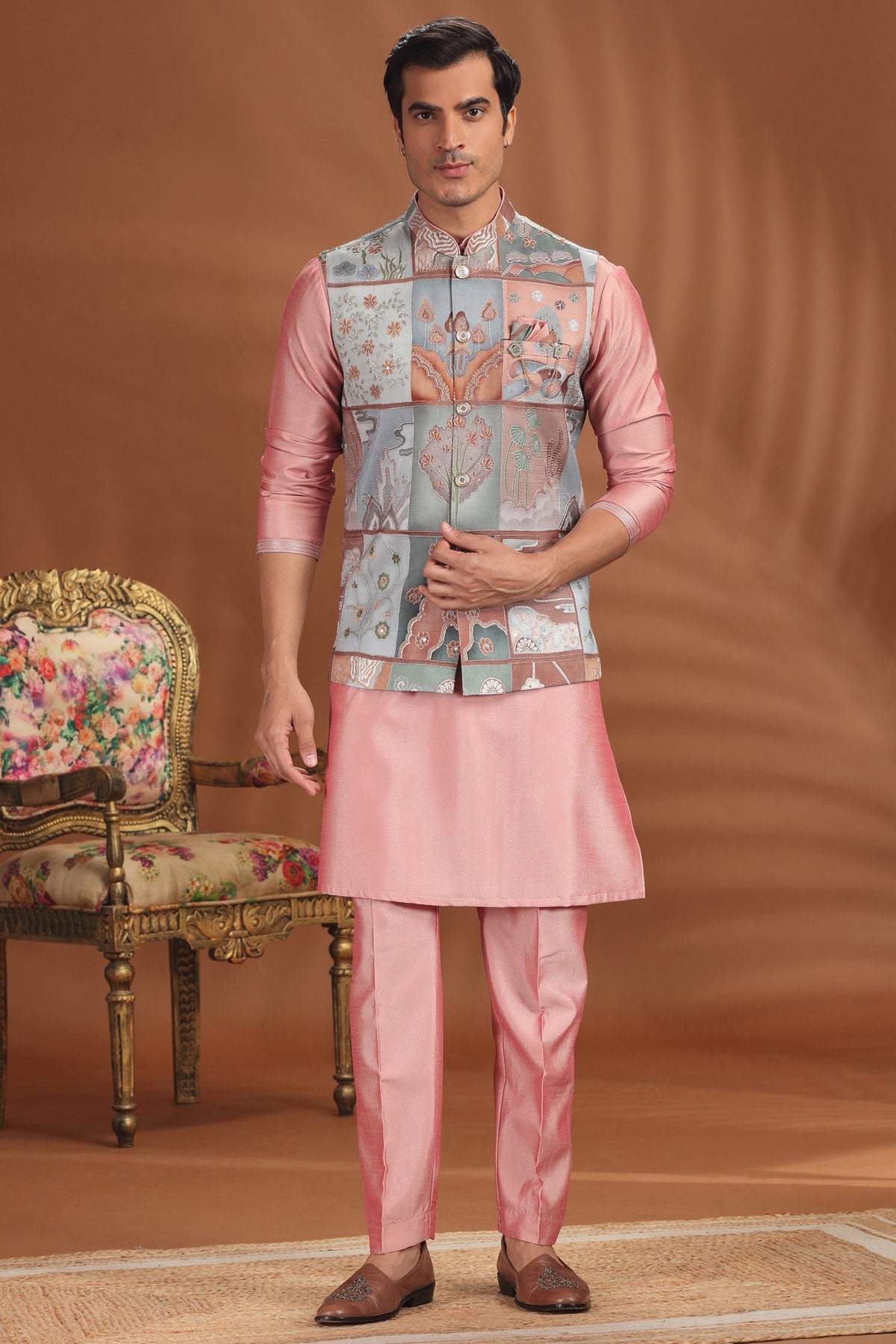 Light Pink Silk Kurta Pajama with Printed Jacket