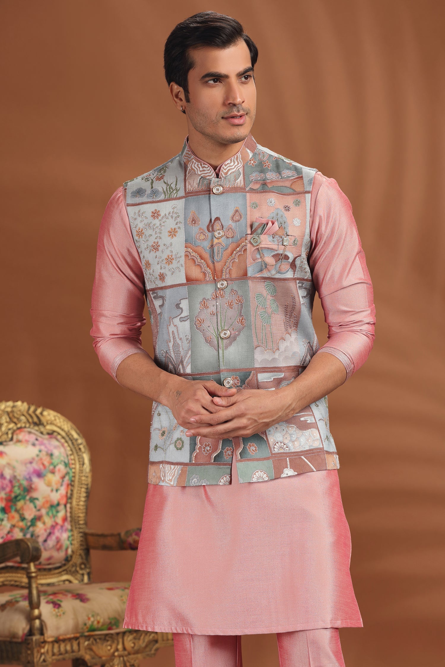 Light Pink Silk Kurta Pajama with Printed Jacket