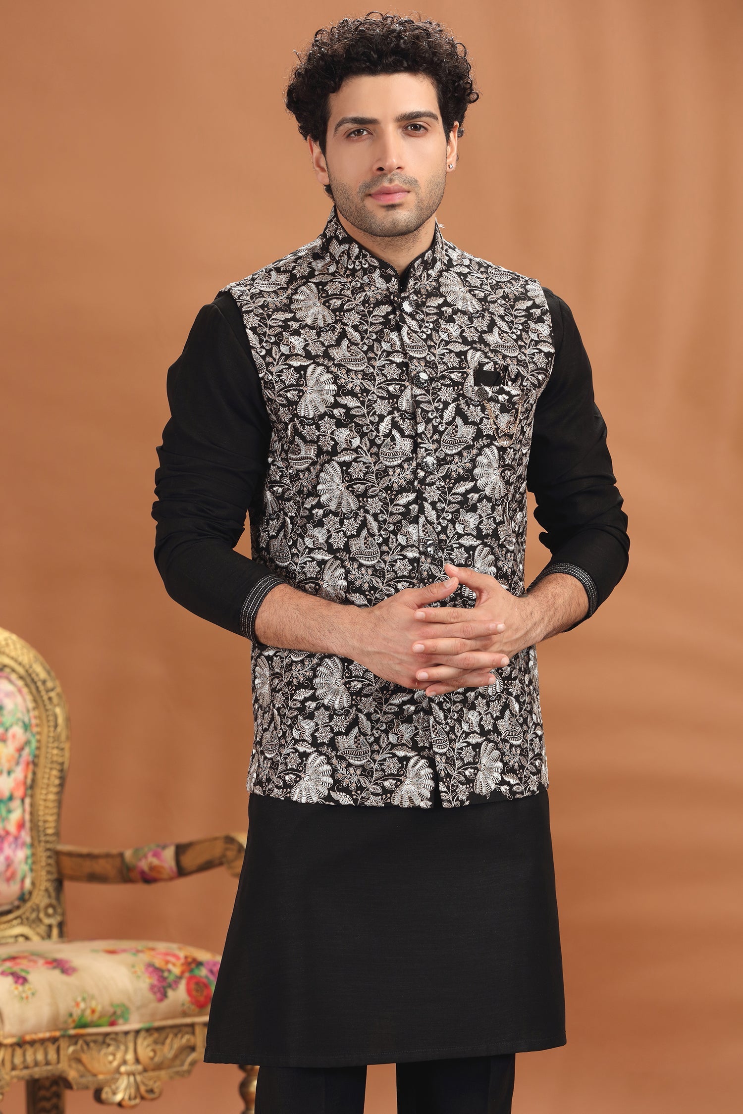Black Silk Embroidered Kurta Pajama with Jacket