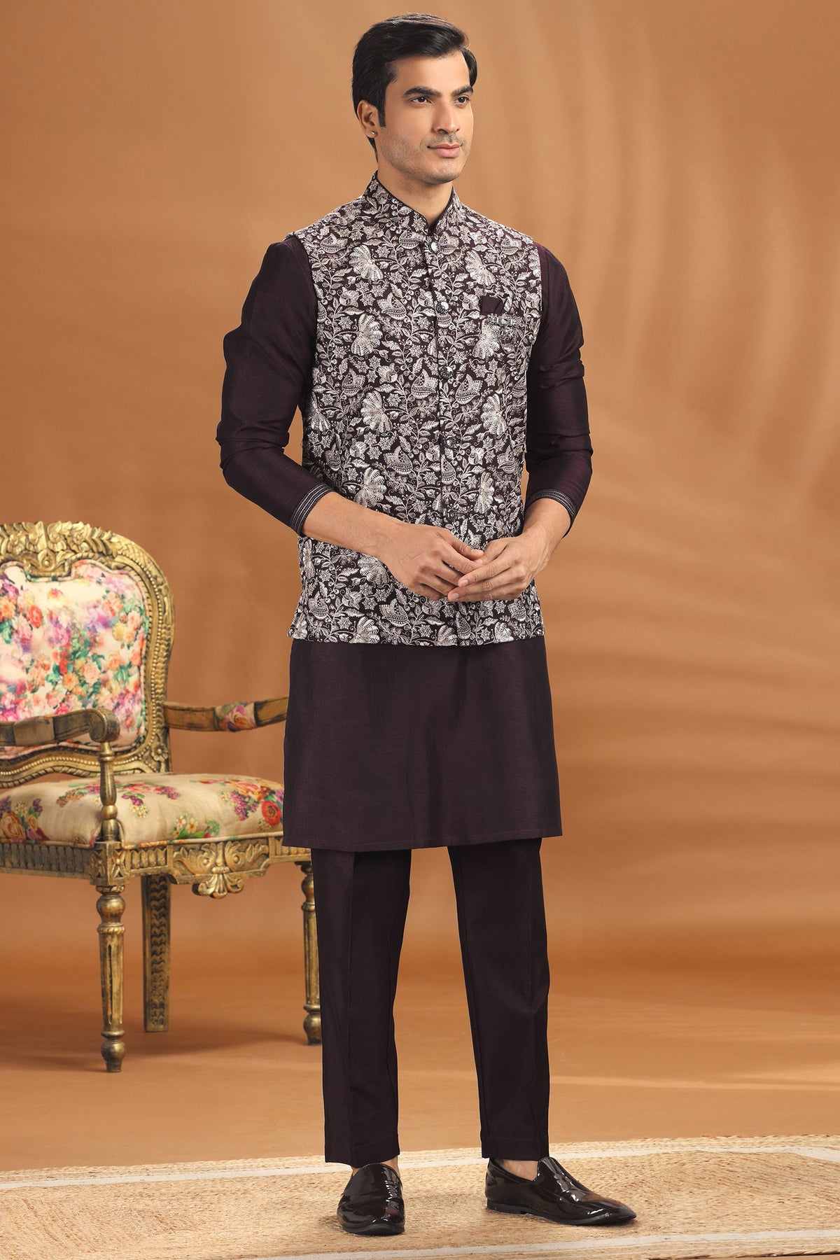 Wine Purple Silk Embroidered Kurta Pajama with Jacket