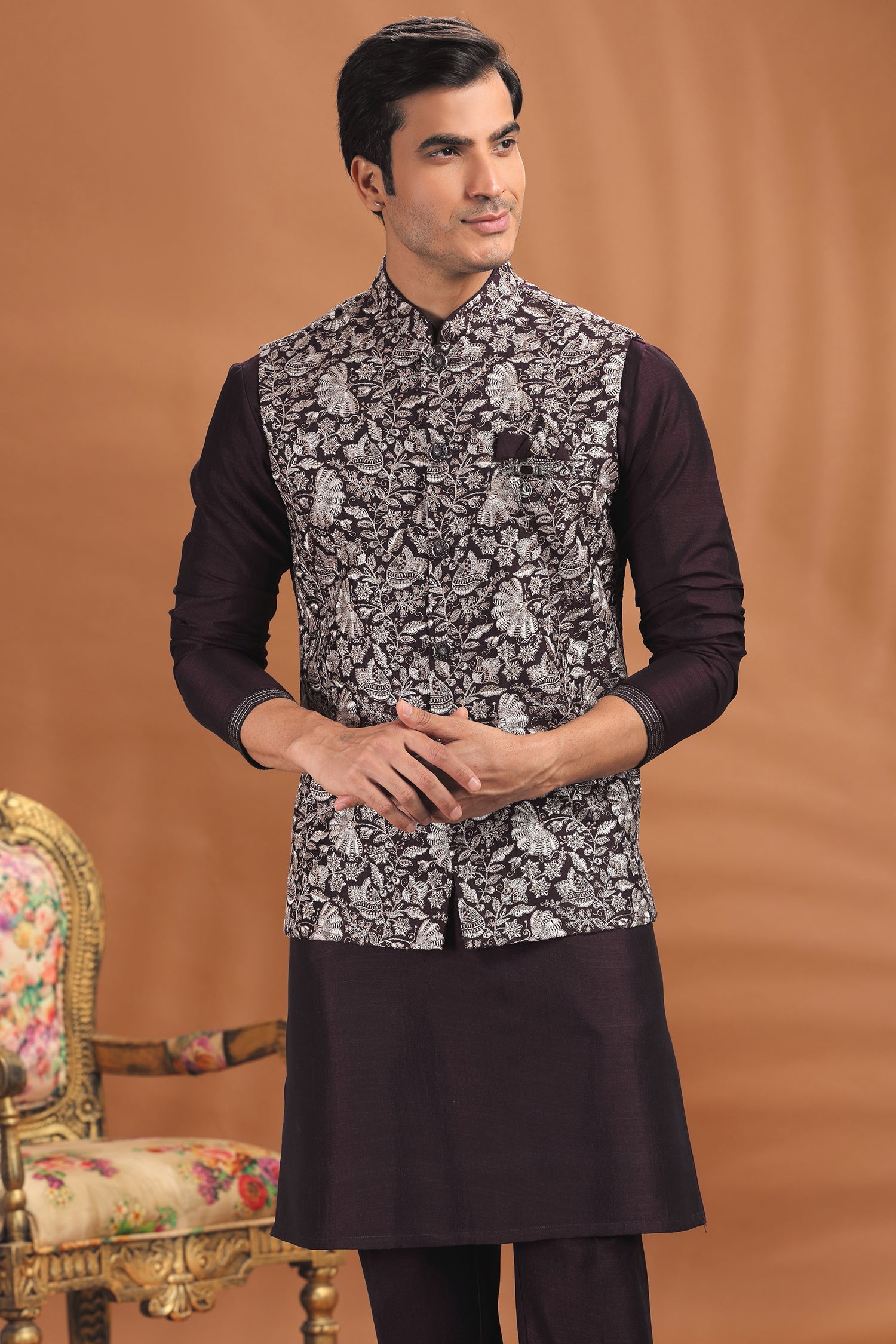 Wine Purple Silk Embroidered Kurta Pajama with Jacket