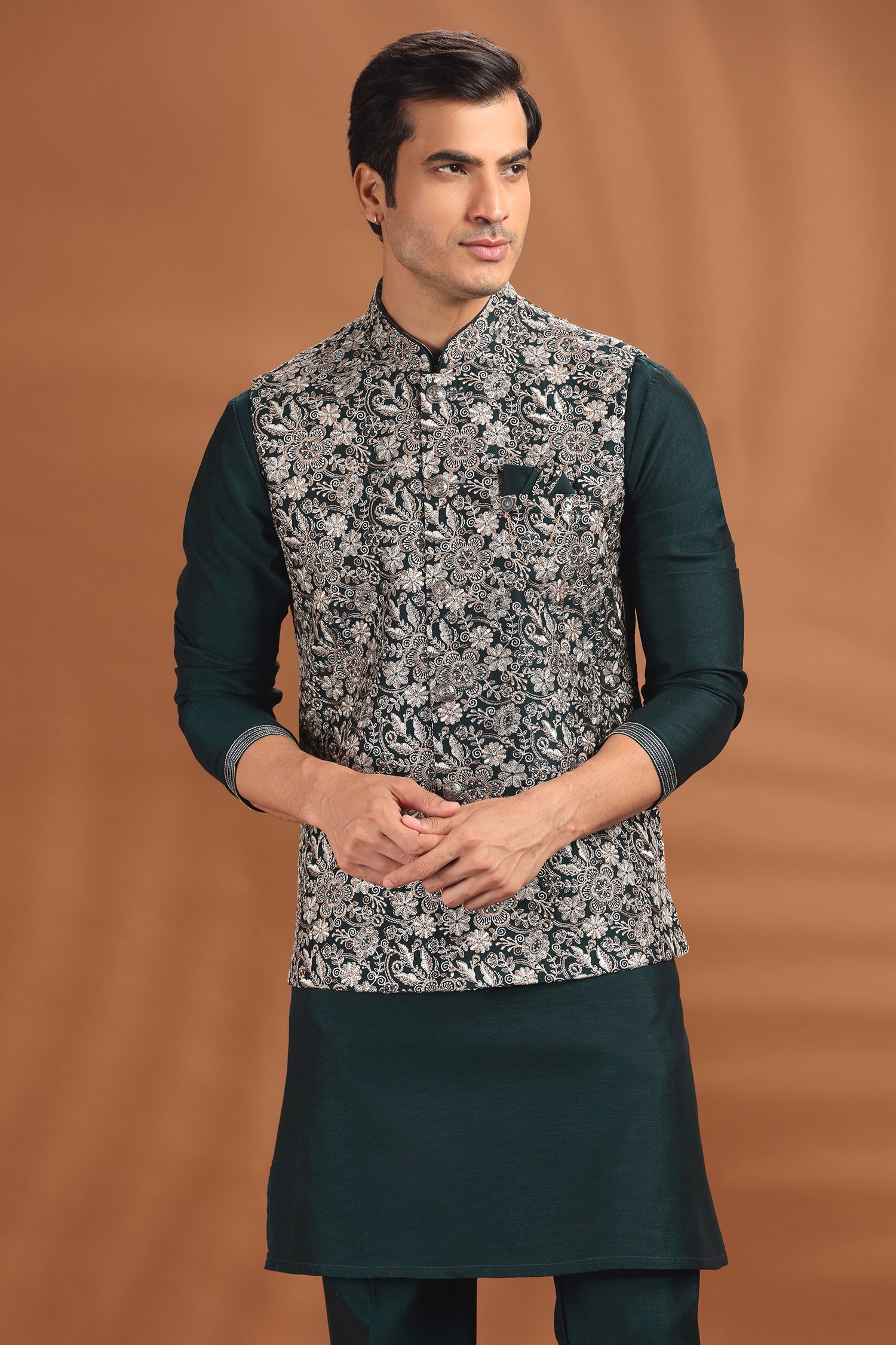 Teal Green Silk Embroidered Kurta Pajama Set with Jacket