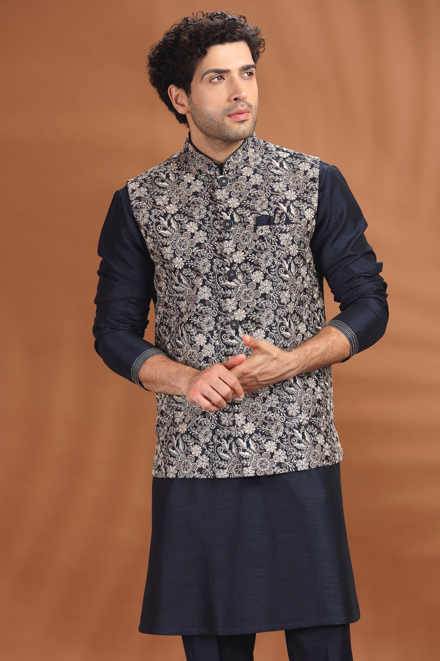 Navy Blue Silk Embroidered Kurta Pajama Set with Jacket
