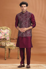Dark Purple Silk Kurta Pajama Set with Embroidered Jacket