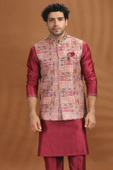 Maroon Silk Kurta Pajama with Printed Jacket