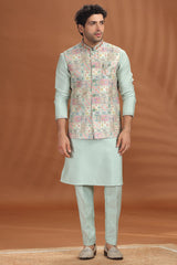 Light Pista Green Silk Kurta Pajama with Printed Jacket
