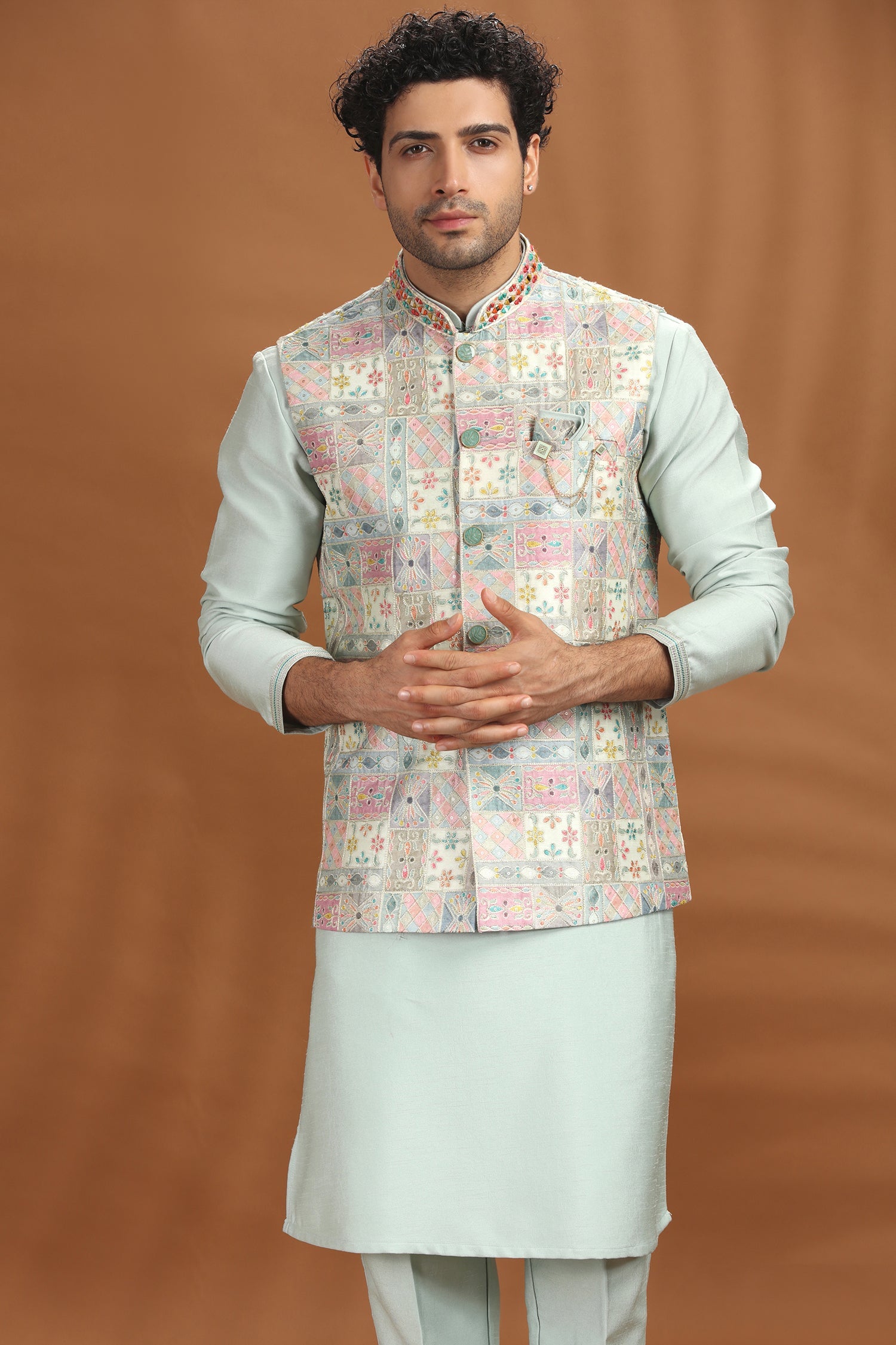 Light Pista Green Silk Kurta Pajama with Printed Jacket