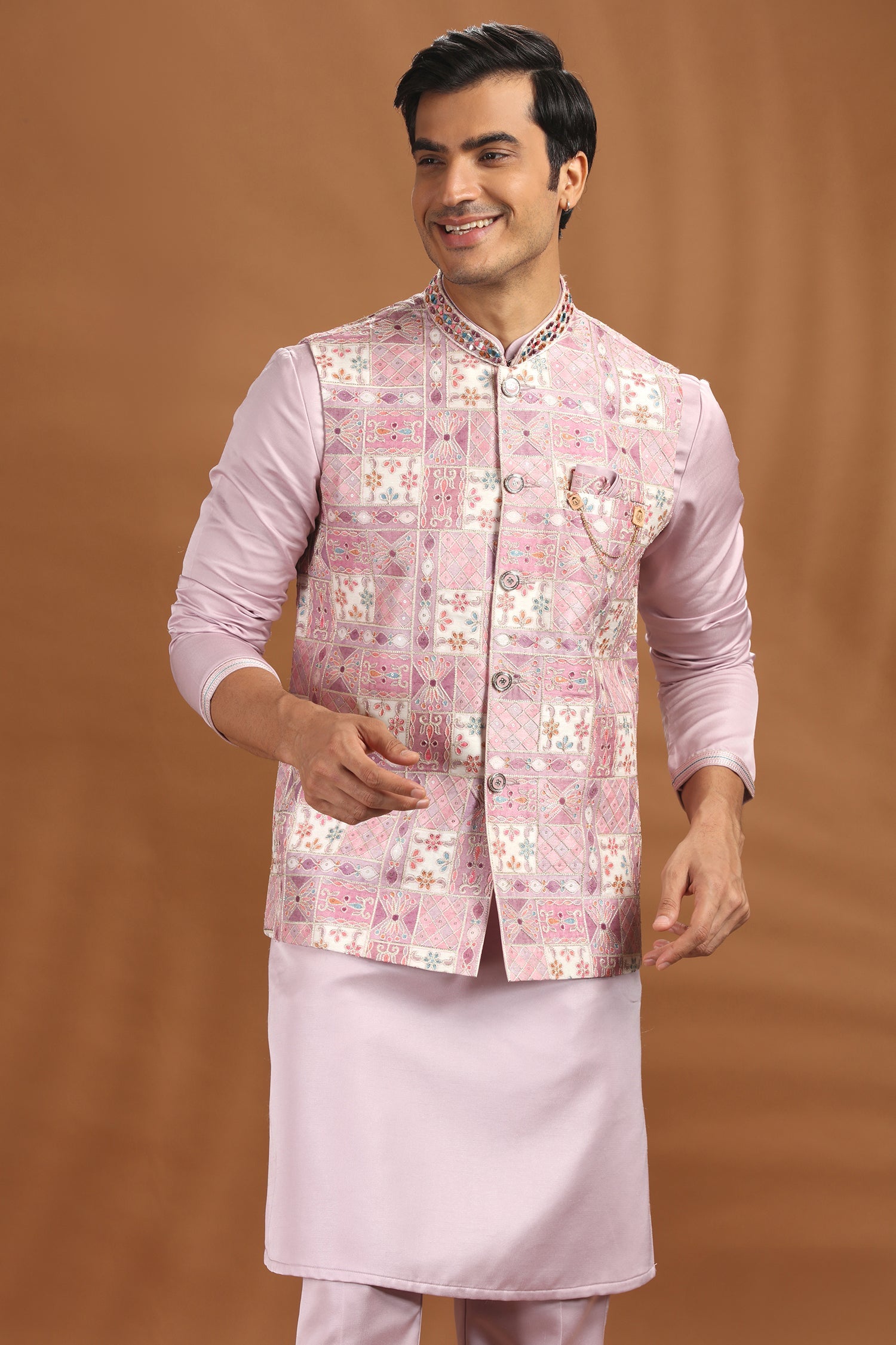 Pink Silk Kurta Pajama with Printed Jacket