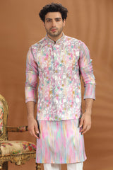 Pink and Multi Colored Printed Kurta Pajama with Embroidered Mirror Worked Jacket