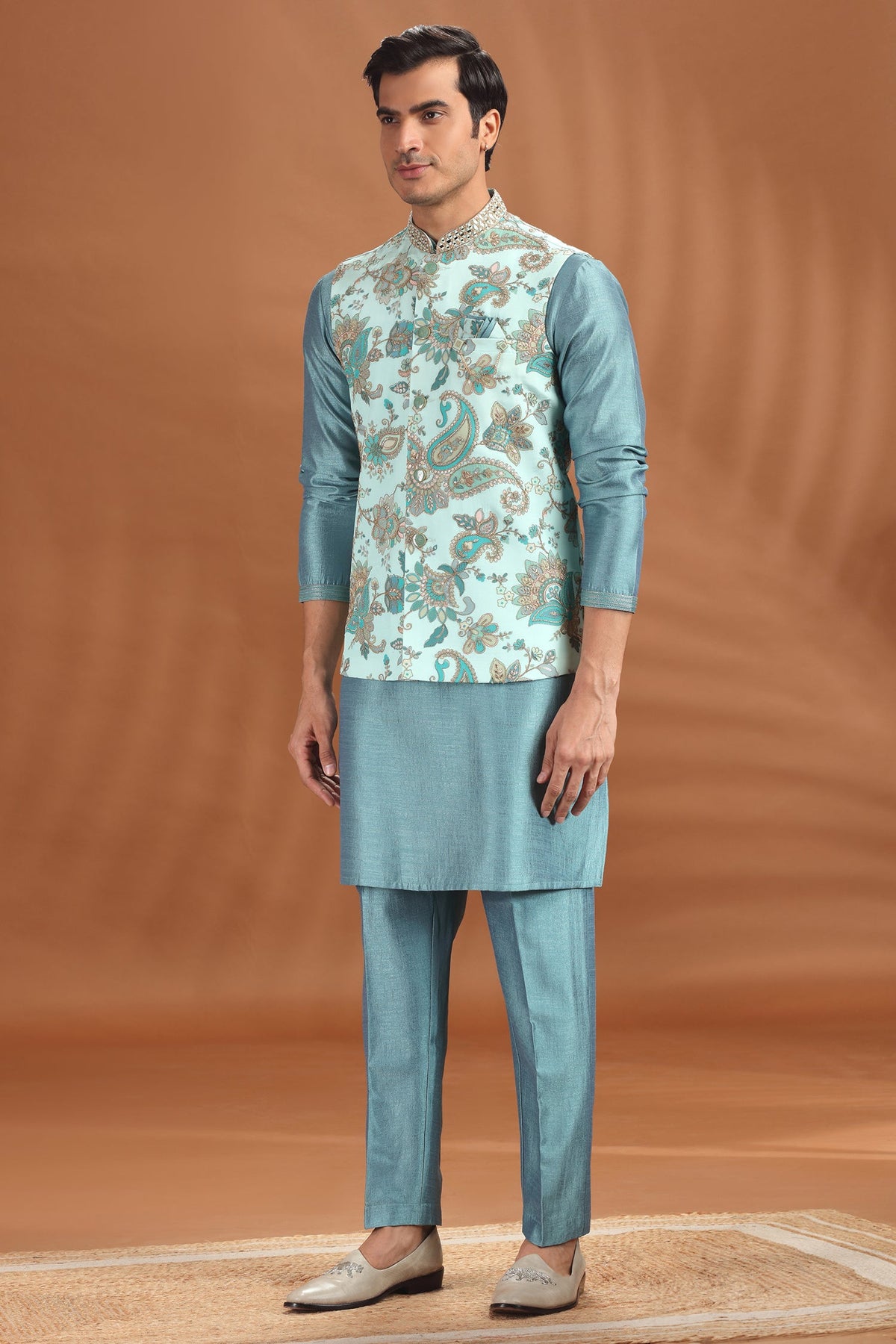 Sea Green Silk Kurta Pajama with Paisley Print Jacket