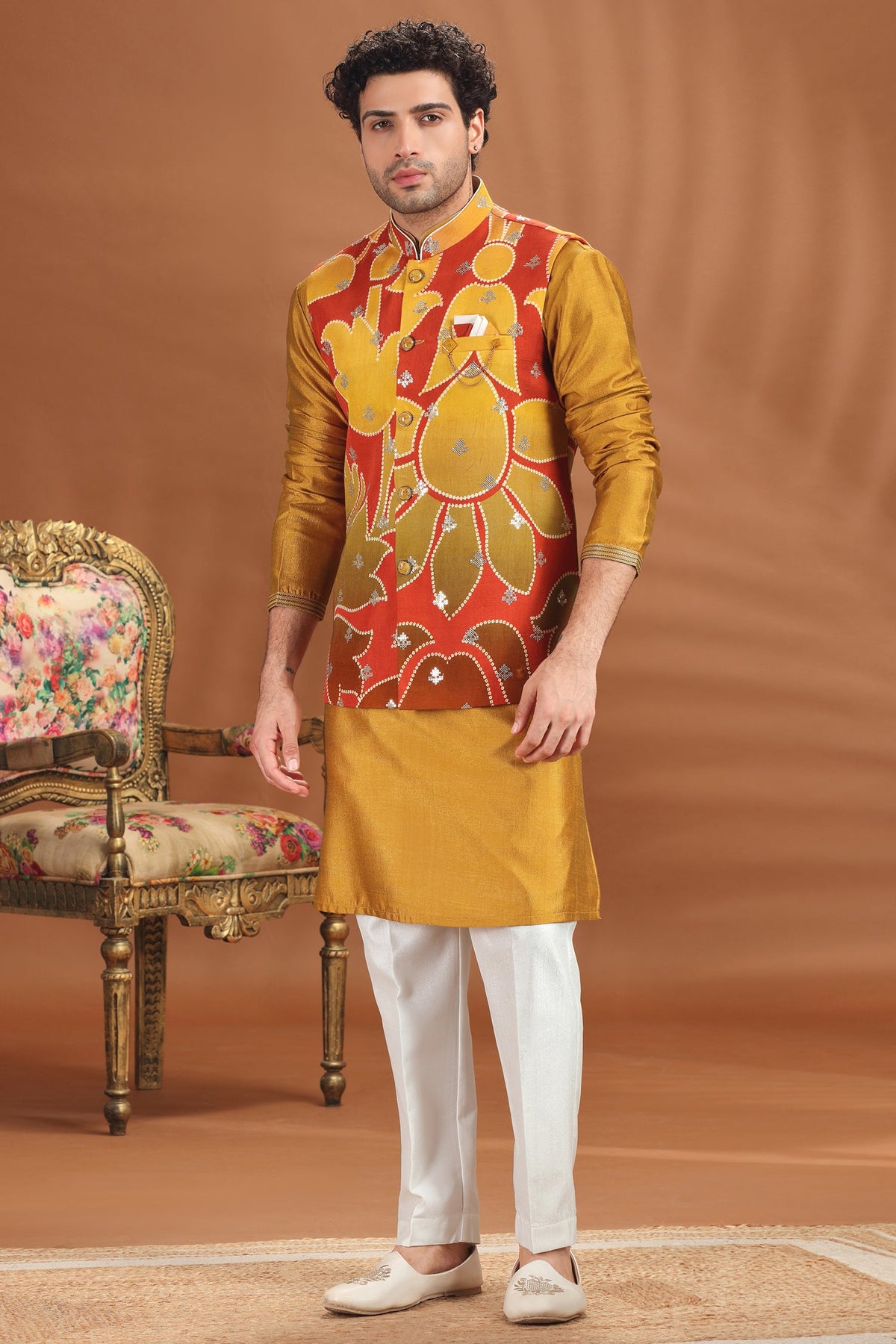 Mustard Yellow Silk Kurta Pajama with Printed Jacket