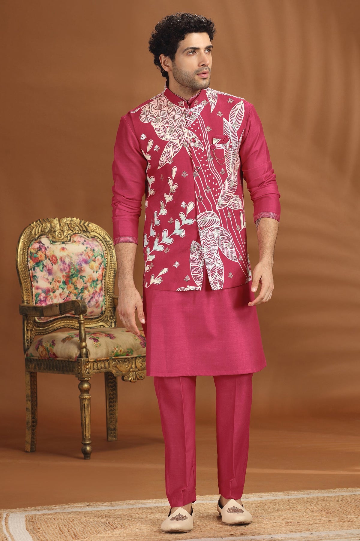 Rani Pink Silk Kurta Pajama with Printed Jacket