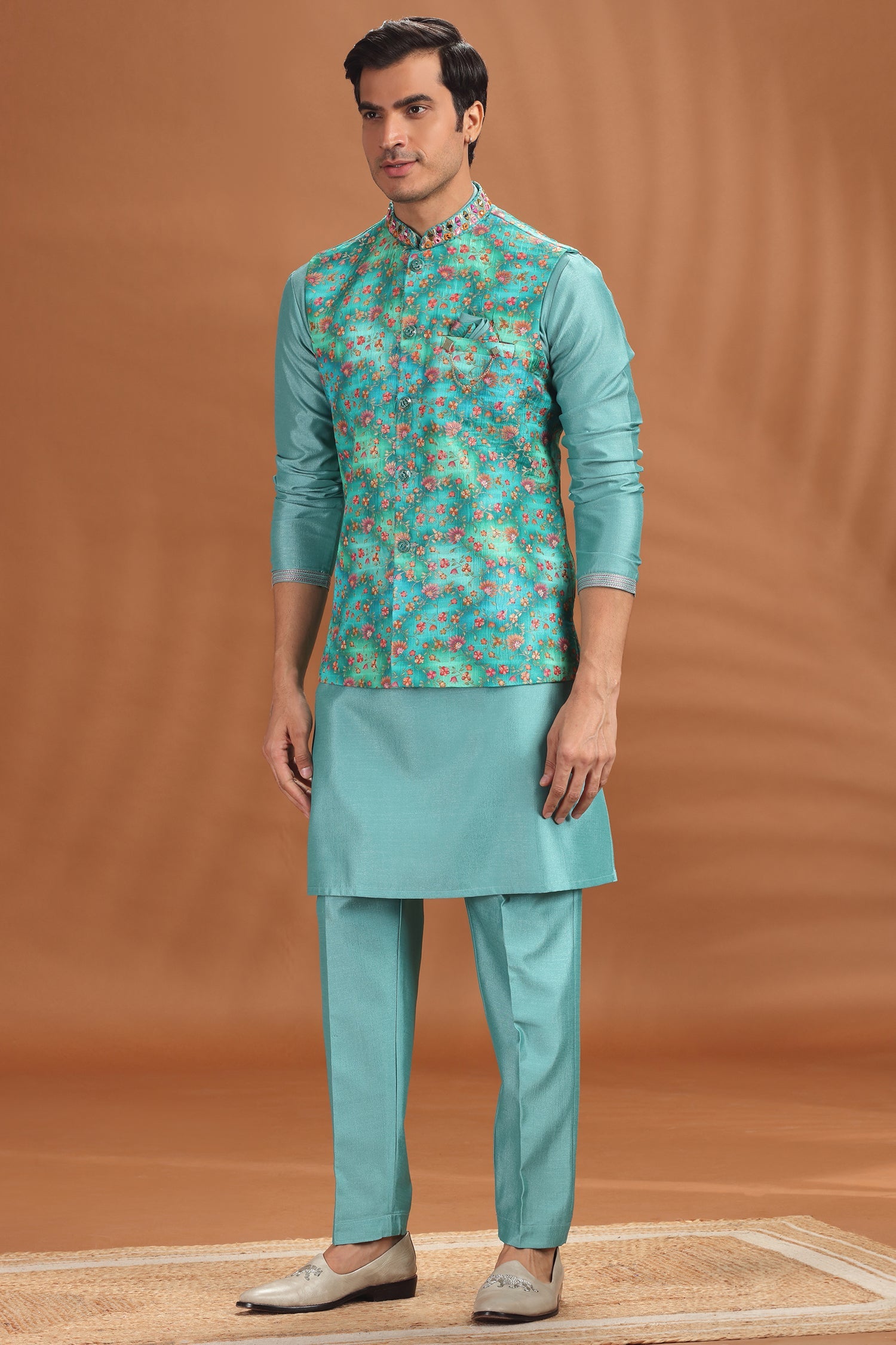 Turquoise Blue Silk Kurta Pajama with Printed Jacket