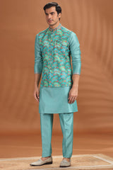 Turquoise Blue Silk Kurta Pajama with Printed Jacket