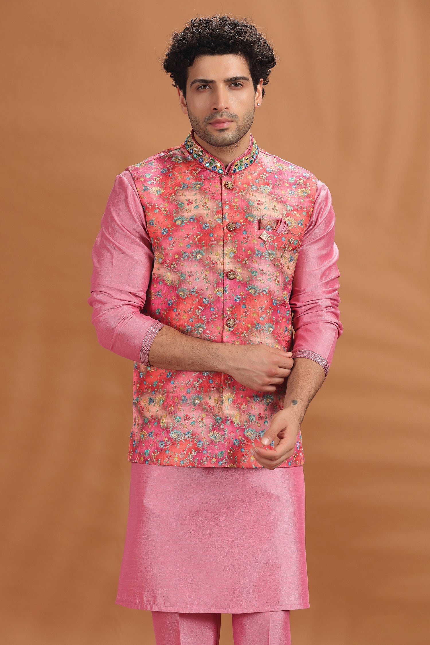 Pink Silk Kurta Pajama with Printed Jacket