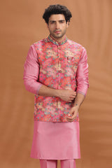 Pink Silk Kurta Pajama with Printed Jacket