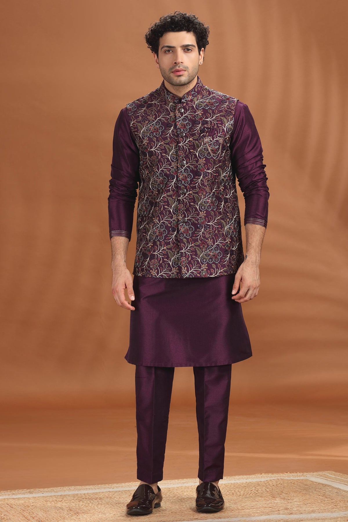Wine Purple Silk Kurta Pajama with Embroidered Jacket
